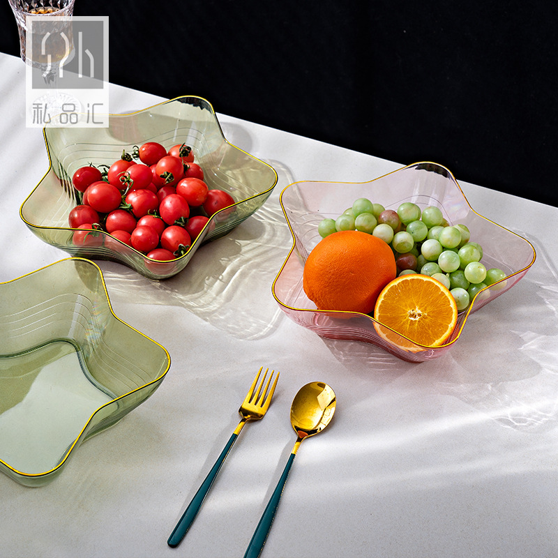 Japanese Style Golden Trim Transparent Fruit Plate Light Luxury Household Large Vegetables and Fruits Salad Bowl Snack Dish Crystal Dried Fruit Tray