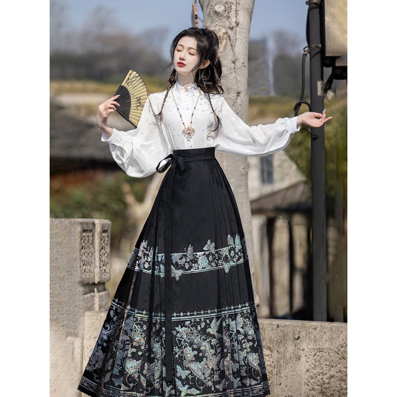 National Style New Chinese Style High Sense Daily Horse-Face Skirt Hanfu Two-Piece Set Jacquard Cheongsam Shirt Outfit Commuting to Work