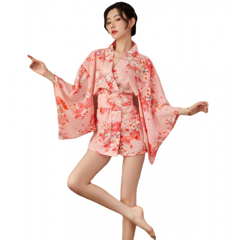 雨夜迷情 性感情趣内衣女新款日式印花雪纺樱色花和服浴袍套装