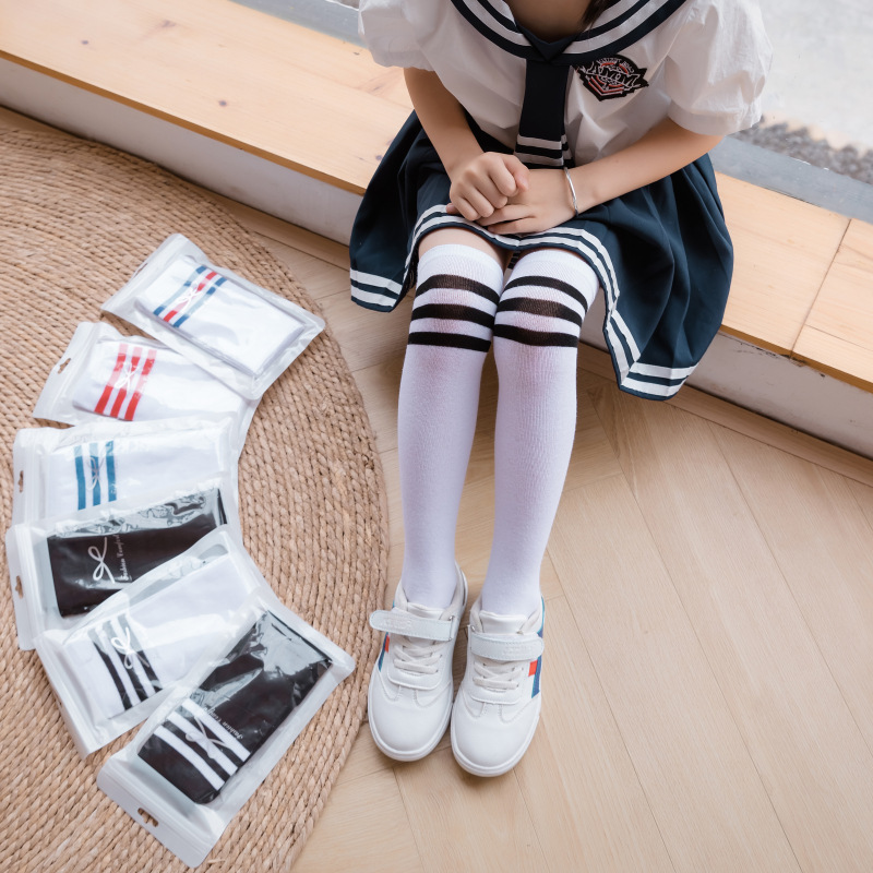 儿童袜子校服袜春秋女童纯棉小学生男长筒黑白红条纹足球独立包装