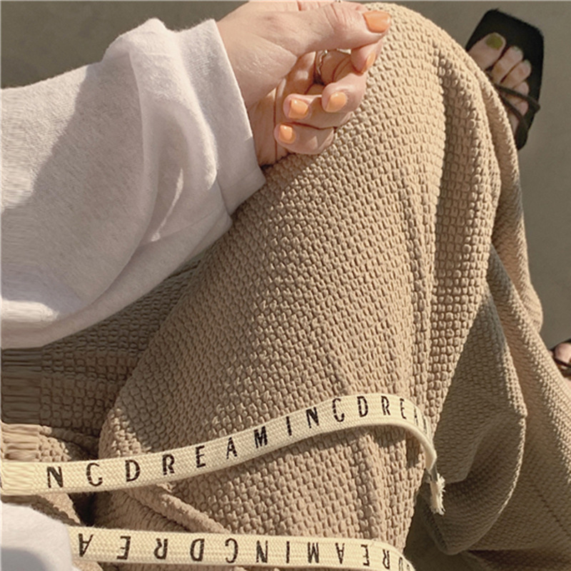 Mid-Waist Solid Color Waffle Air Puff Pants Casual Pants Women's Spring New Korean Style Loose Drawstring Wide Leg Pants Fashion