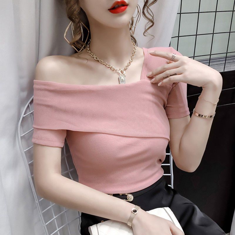 95棉一字肩修身短袖t恤女设计感小众春季新款斜领露肩锁骨上衣ins