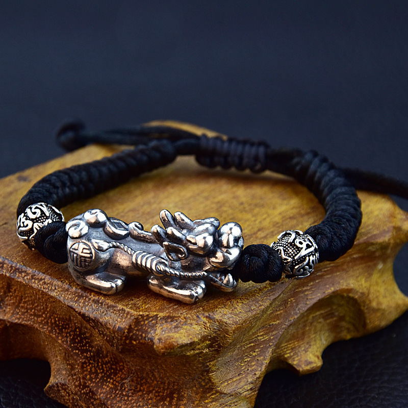 999足银银饰 男士手链貔貅黑曜石佛珠手串本命年红绳礼物