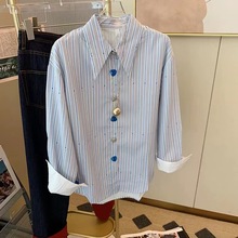 法式复古蓝色条纹长袖衬衫女春装新款韩版设计感小众上衣