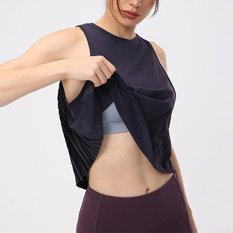 Yoga Blouse Women's Loose Quick-Drying Summer Thin Pleated Wrinkle Workout Clothes Tops Outerwear Sleeveless Sports Vest