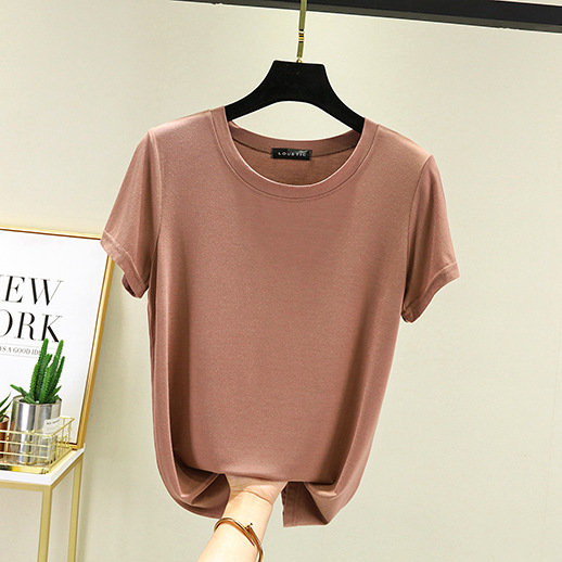 Solid Color round Neck T-shirt for Women Modal Short-Sleeved Inner Bottoming Shirt plus Size Slim-Fit Top Summer Thin Outer Wear T-shirt