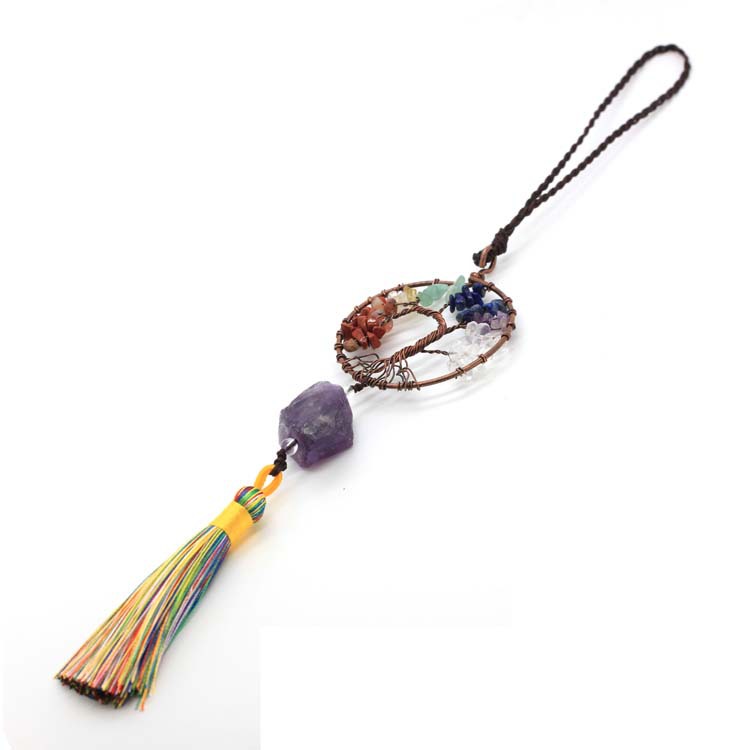 新品碎石绕线生命树圆形挂件 水晶石流苏车挂编织发财树汽车车饰