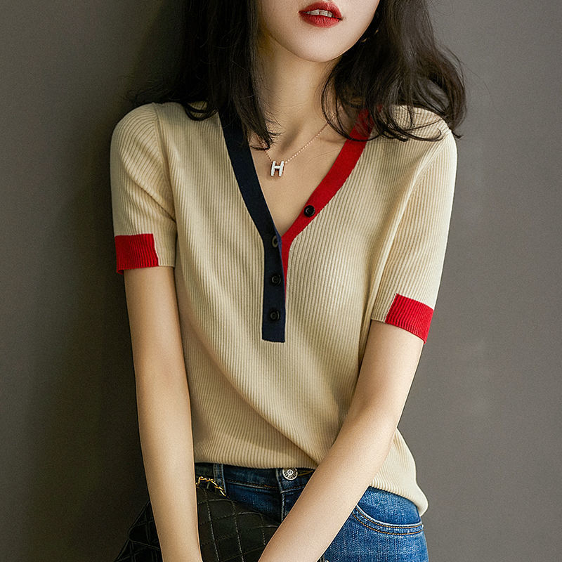 春夏v领短袖女羊毛衫宽松短款打底衫半袖针织衫薄款中袖羊绒毛衣