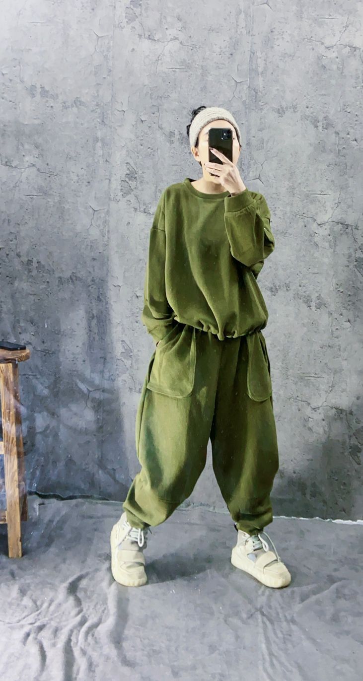 绿色裤802套装宽松型圆领棉纯色慵懒风长袖寬鬆国风复古服饰801