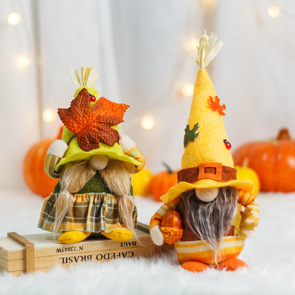 跨境新款秋季丰收节感恩节枫叶稻草人无脸老人侏儒公仔摆件装饰品