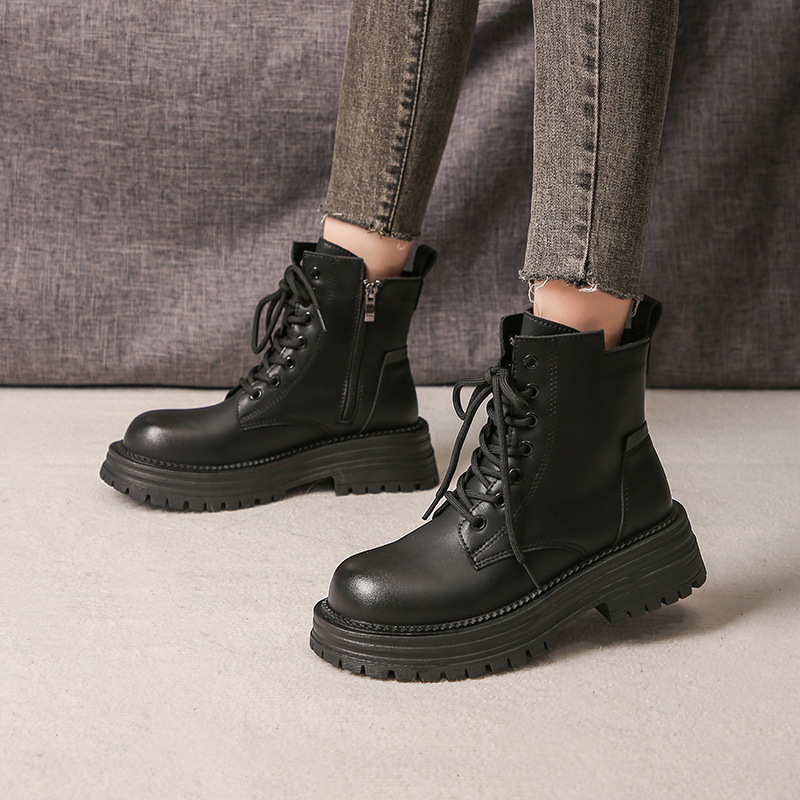 厚底马丁靴女2023秋冬季新款韩版圆头系带舒适百搭女士短筒靴子
