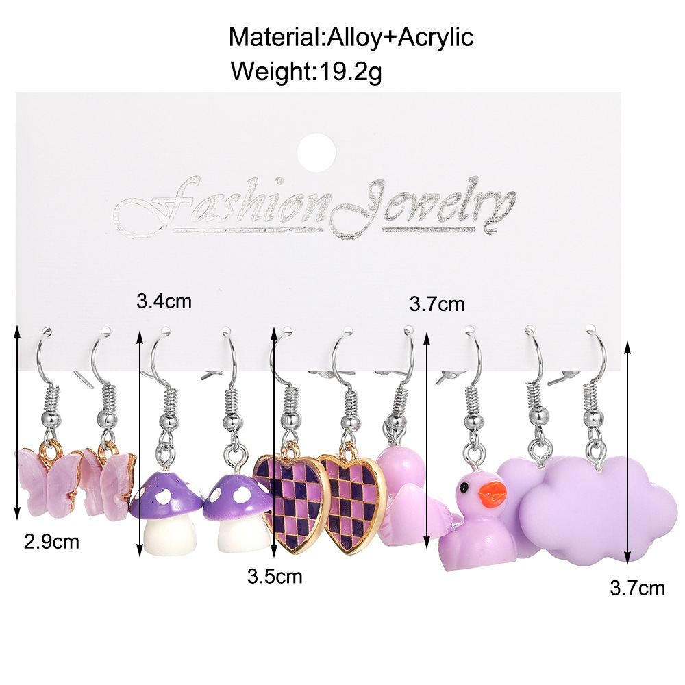Creative Butterfly Cloud Little Duck Earrings Pendant Drip Glazed Mushroom Earrings Purple Plaid Peach Heart Earrings 5-Piece Set