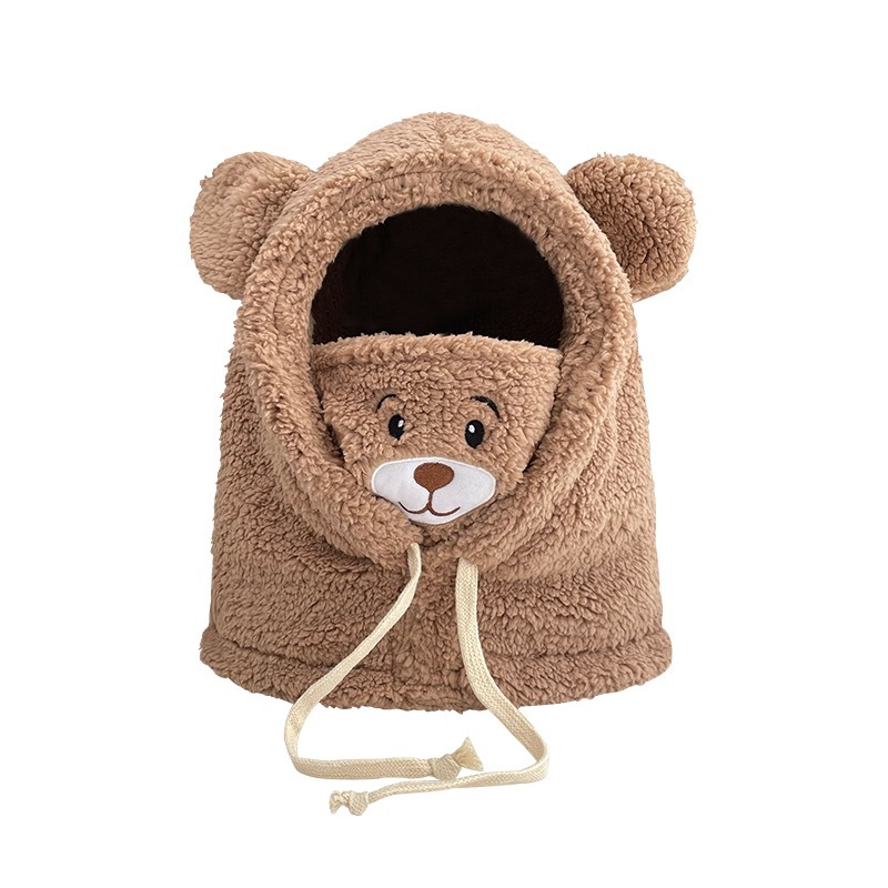 Cute Bear Hat Scarf Integrated Winter Women's Warm Thickened Plush Bonnet Korean Style Lambswool Riding Earmuffs Hat