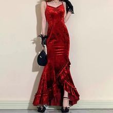 红桃法式纯欲风长裙子高级感宫廷红色晚礼服气质长款吊带连衣裙女
