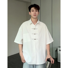 新中式金属扣短袖衬衫男夏季薄款设计感小众衬衣高级感国风七分袖