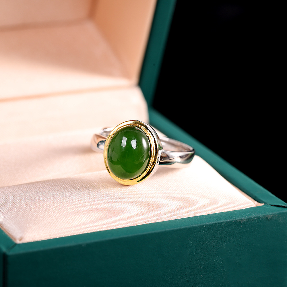 人品银品 s925银镶嵌和田玉碧玉几何戒指 时尚简约女式戒指 跨境