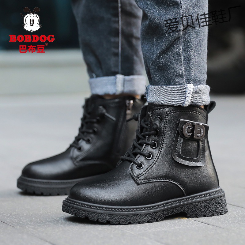 爱贝佳童鞋春秋女童马丁靴2022新款男童皮靴冬季儿童加绒软底棉靴