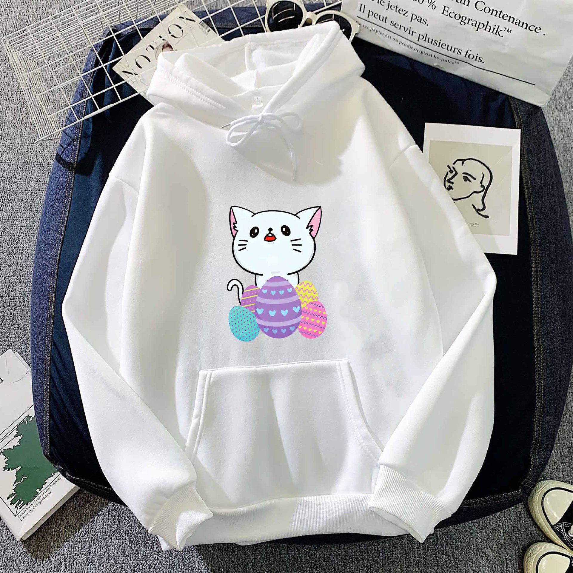 欧美跨境潮流彩蛋猫咪印花连帽衫卫衣男女款韩版休闲简约风上衣服