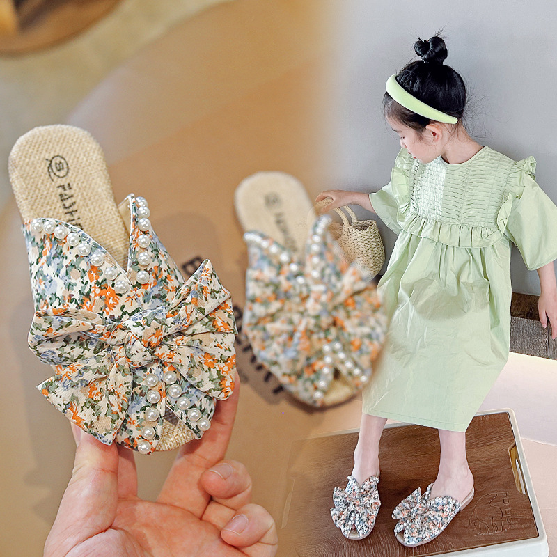Girls' Classic Style Slippers 2023 Summer New Pearl Bow Little Girl Peep-Toe Slippers Medium and Large Kids Shoes