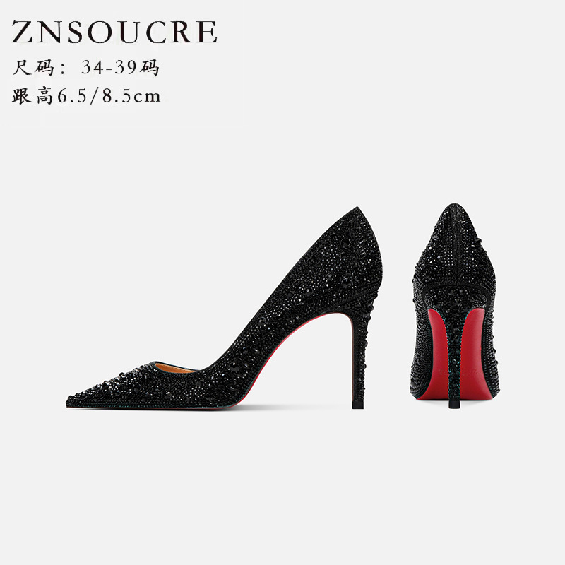 738-1银河繁星新款满钻黑色气质高级细跟尖头红底高跟鞋时尚单鞋