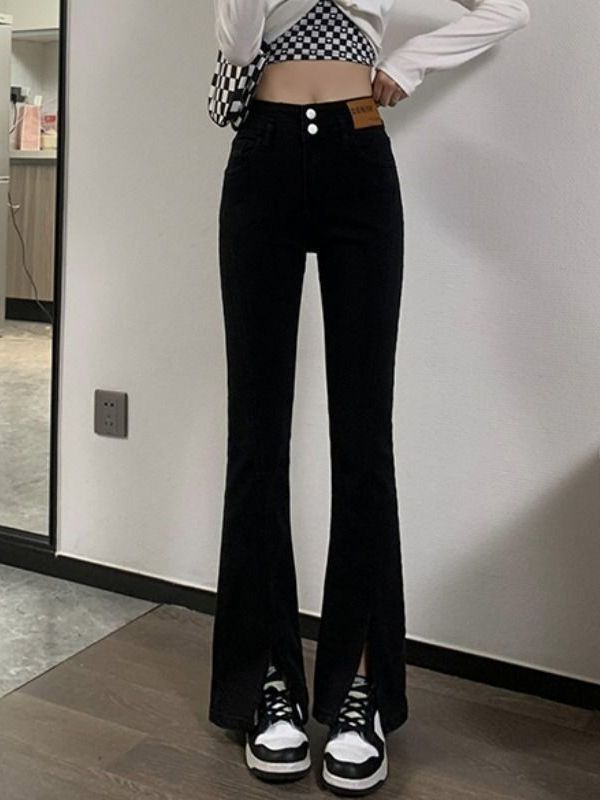 Black Slit Jeans for Women Autumn and Winter New American Small High Waist Tight Slimming Mopping Bootleg Pants Tide
