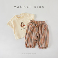 婴儿衣服短袖上衣防蚊裤套装卡通印花格子裤子宝宝两件套