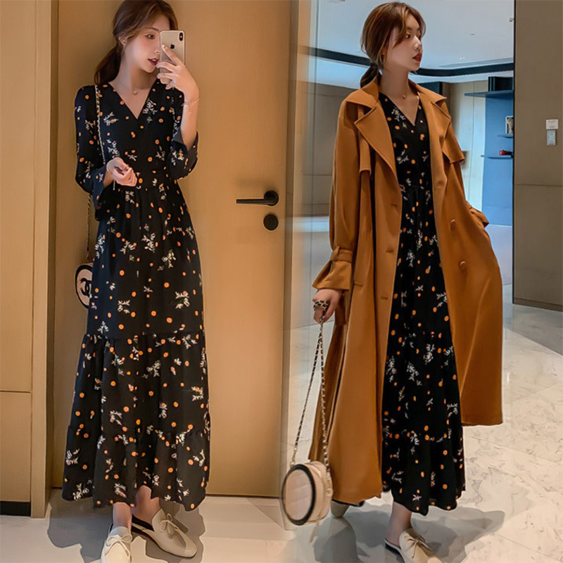 配风衣内搭打底裙女秋冬长袖过膝脚踝长裙春装新款碎花连衣裙雪纺