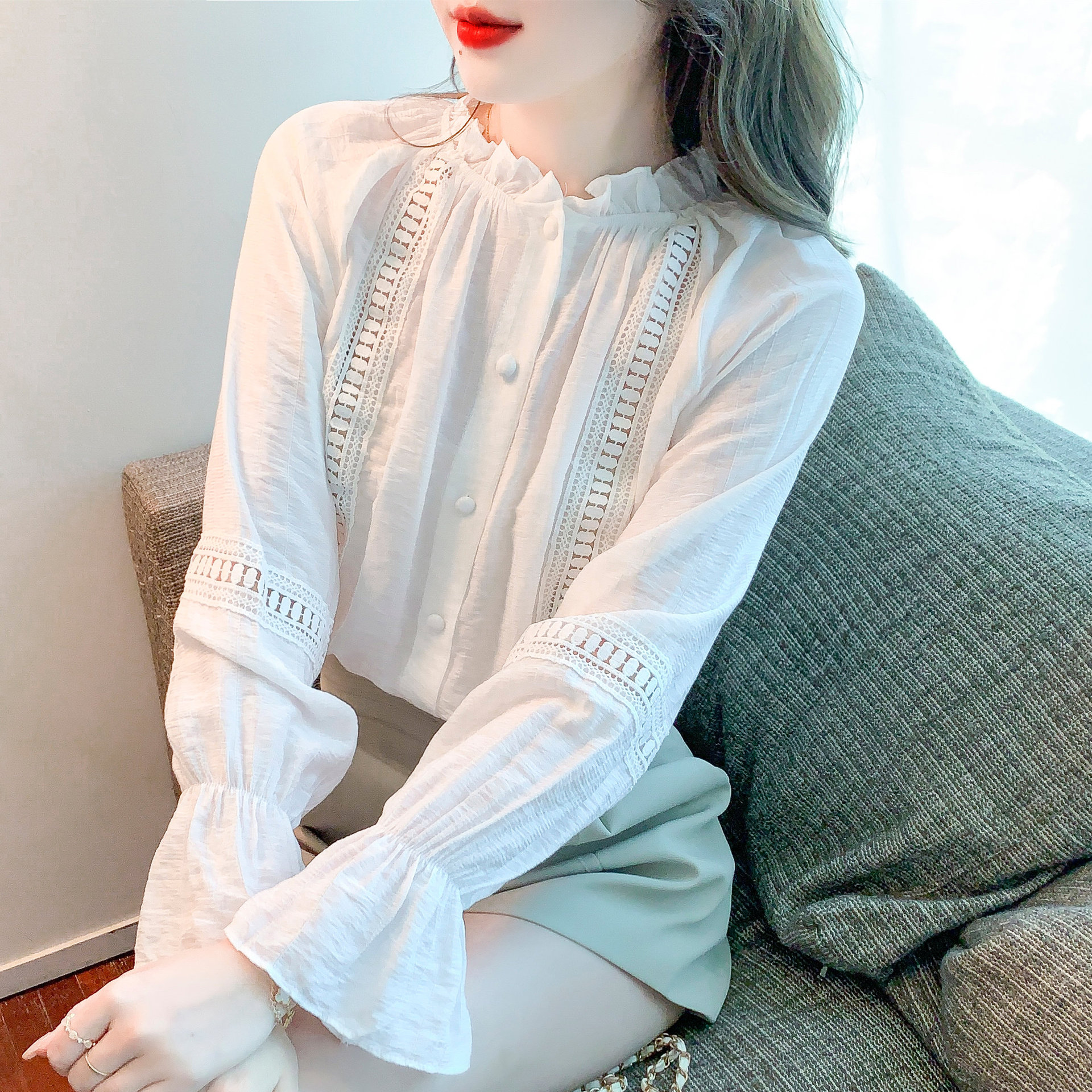早春款白色雪纺衬衫女装春秋装2022年新款潮时尚立领长袖上衣气质