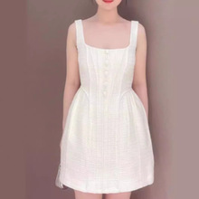 24春夏新款SP小众连衣裙白色编织粗花呢无袖吊带收腰设计感连衣裙