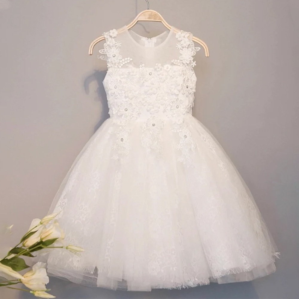 欧美夏季新款蕾丝无袖女童主持演出连衣裙外贸白色蓬蓬网纱公主裙