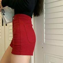 高腰热裤女美式小众a字型性感短裤夏季韩版ins潮弹力裤红色牛仔裤
