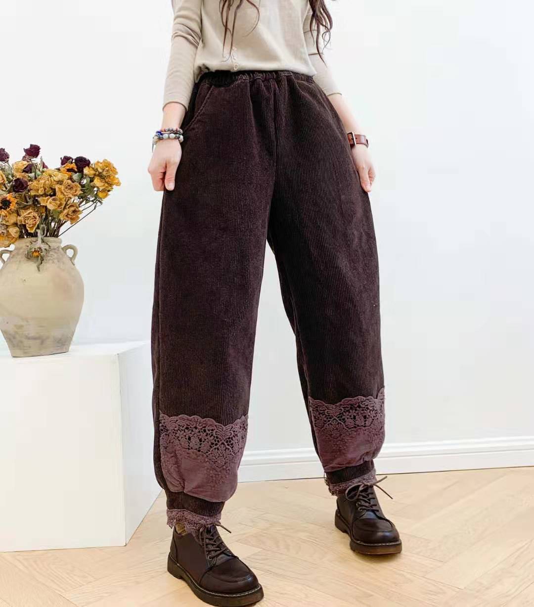 2021冬款文艺拼接蕾丝花边灯芯绒加厚加绒灯笼裤休闲长裤女bu8884