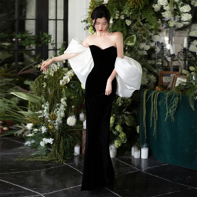 黑色晚礼服抹胸高端轻奢小众鱼尾主持人年会连衣裙女气质名媛艺考
