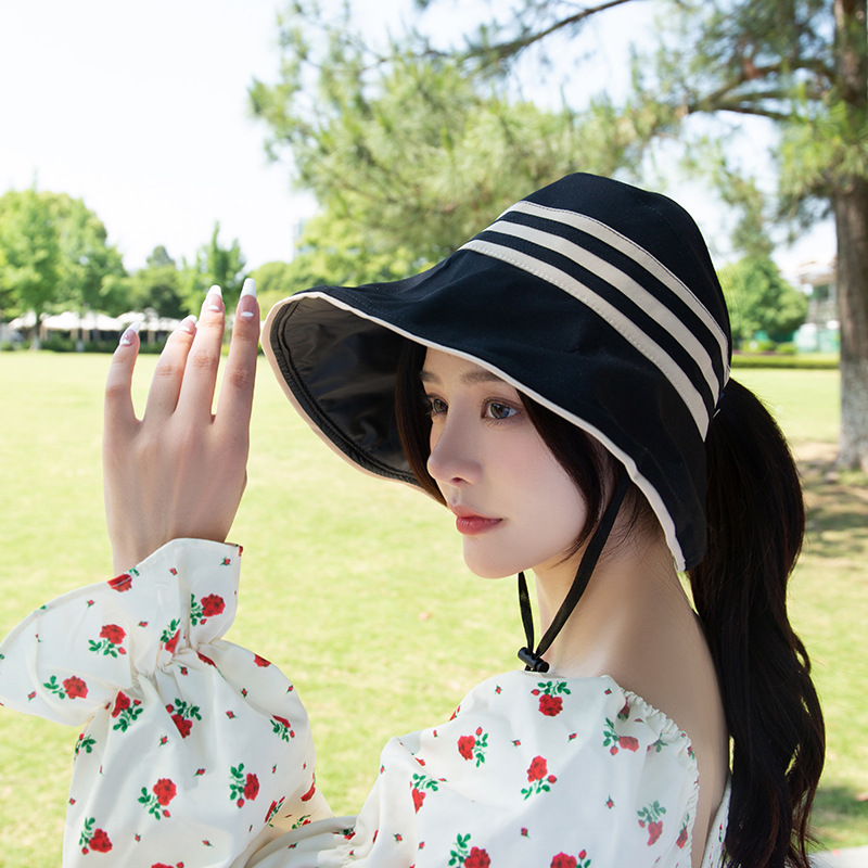 Korean Style Ins Fashion Hat Women's Summer Outdoor Sun Protection Sun Hat Striped Topless Hat Foldable Fisherman Hat