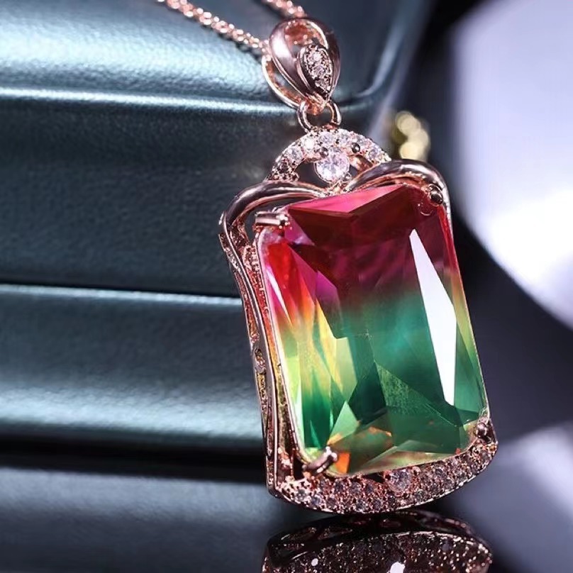 特价纯巴西彩虹西瓜碧玺吊坠项链女款单坠闺蜜礼物气质上档次