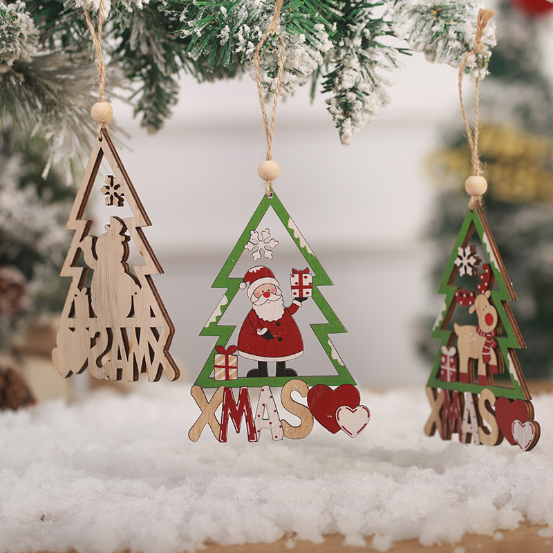 New Christmas Decoration Wooden Old Man Pendant Wooden Multicolor Cutout Christmas Tree Small Ornaments