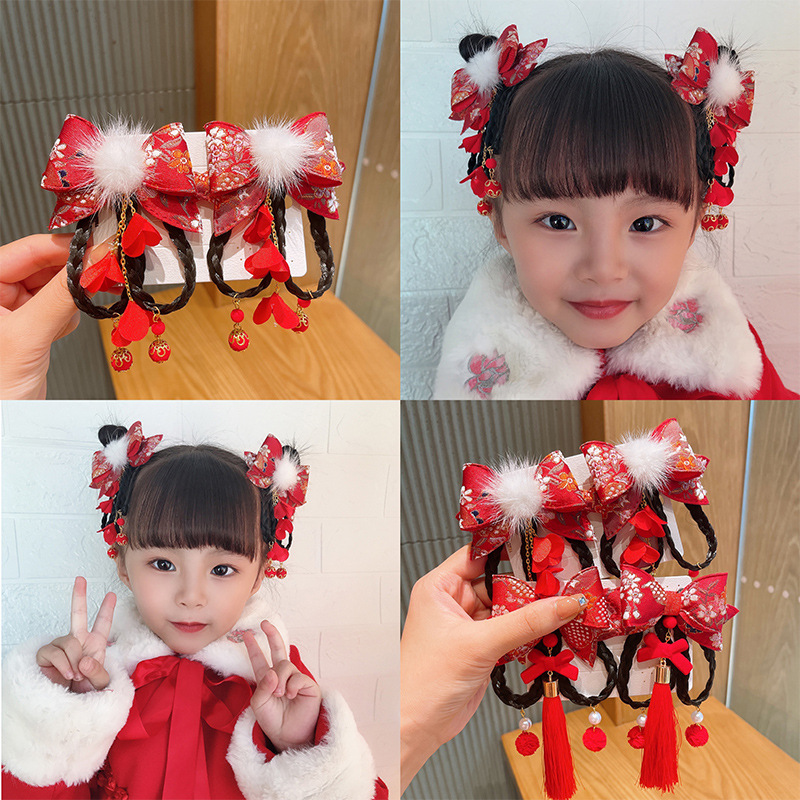 New Chinese Style Children's Bow Wig Hanfu Barrettes Ancient Style Tassel a Pair of Hairclips Baby New Year Headdress Wholesale