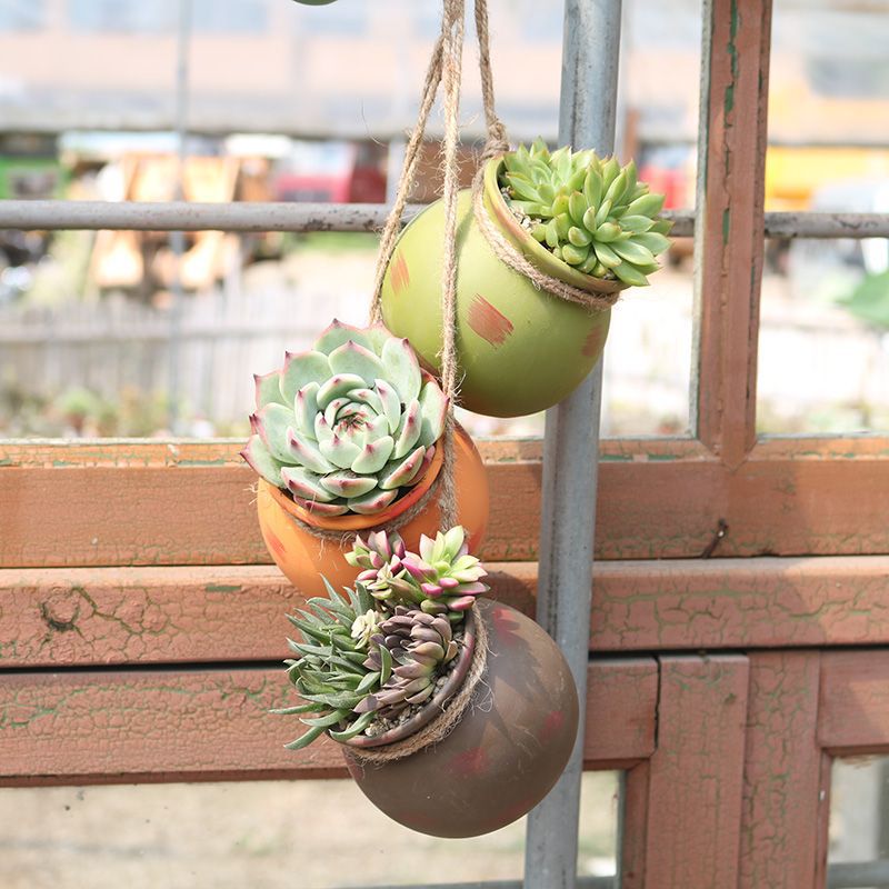 麻绳多肉植物吊兰悬挂式懒人花盆陶瓷垂吊花卉吊盆吊蓝壁挂摆件