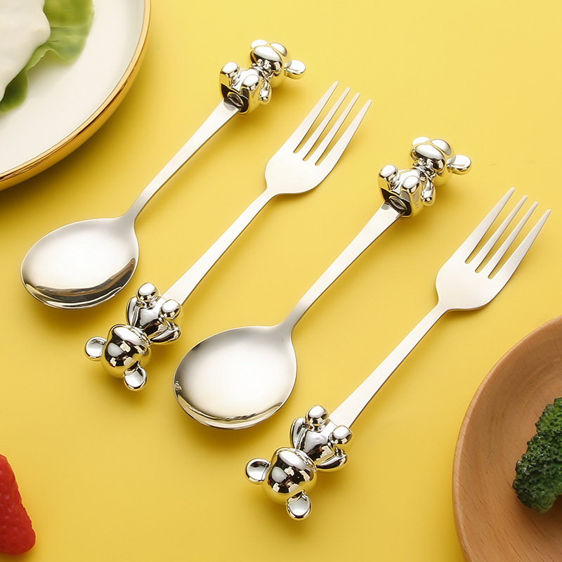 Cross-Border Stainless Steel Spoon and Fork Tableware Good-looking Children Eating Solid Food Spoon Dessert Spoon Fruit Fork Steak Fork Wholesale