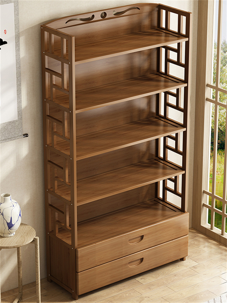 书架简易落地书柜多层收纳儿童储物柜可移动新中式小型置物架