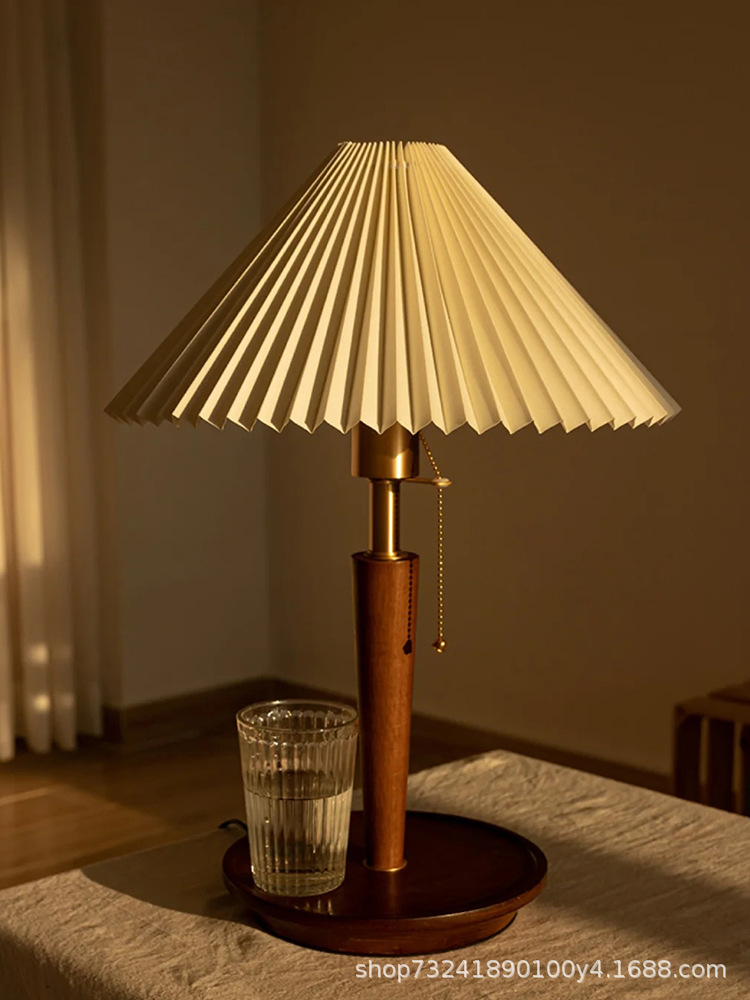 中古复古床头台灯vintage北欧客厅卧室百褶台灯ins美式家用木台灯