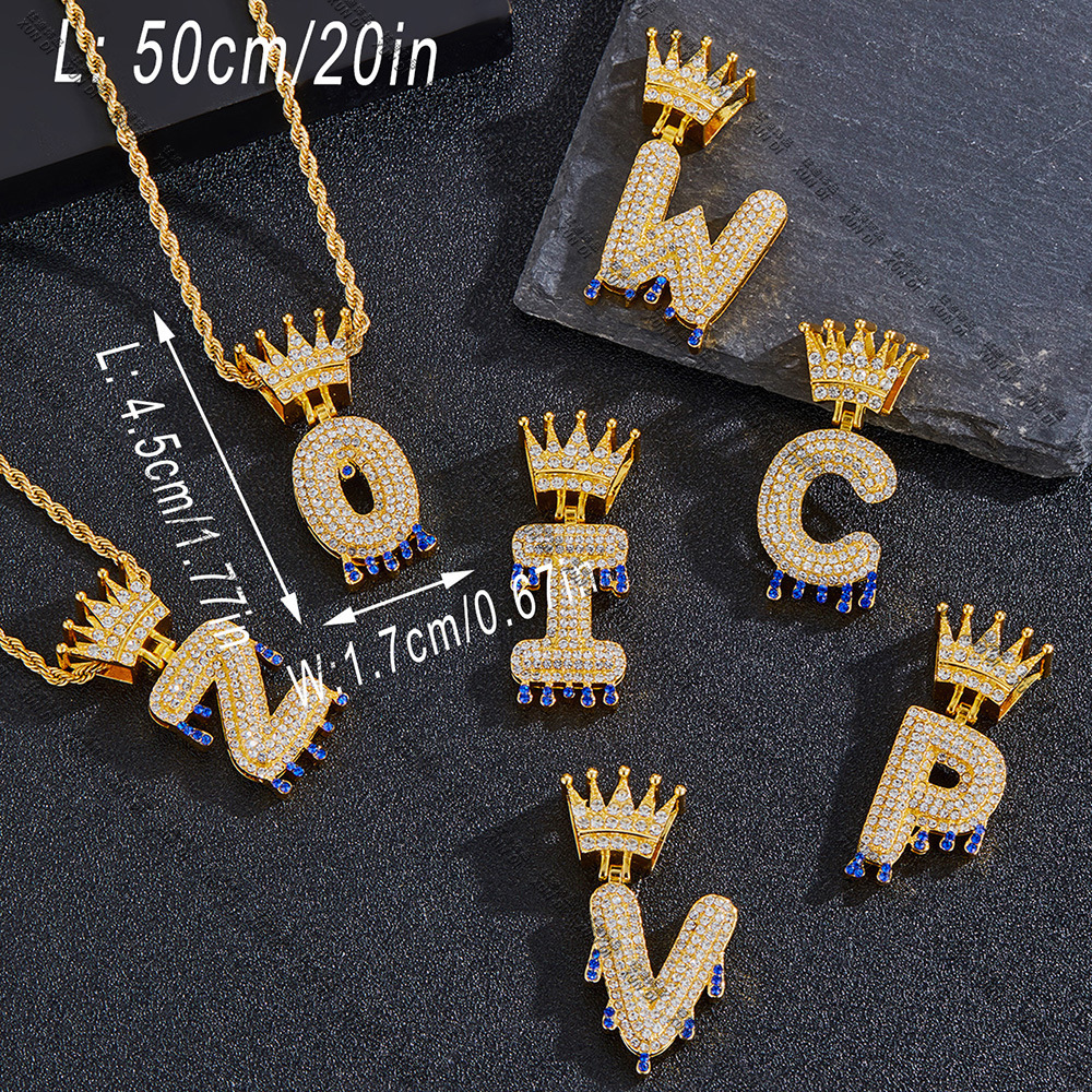 European and American New Crown Buckle Water Drop Letter Pendant High Sense English Letter Hip Hop Necklace Pendant One Piece Dropshipping