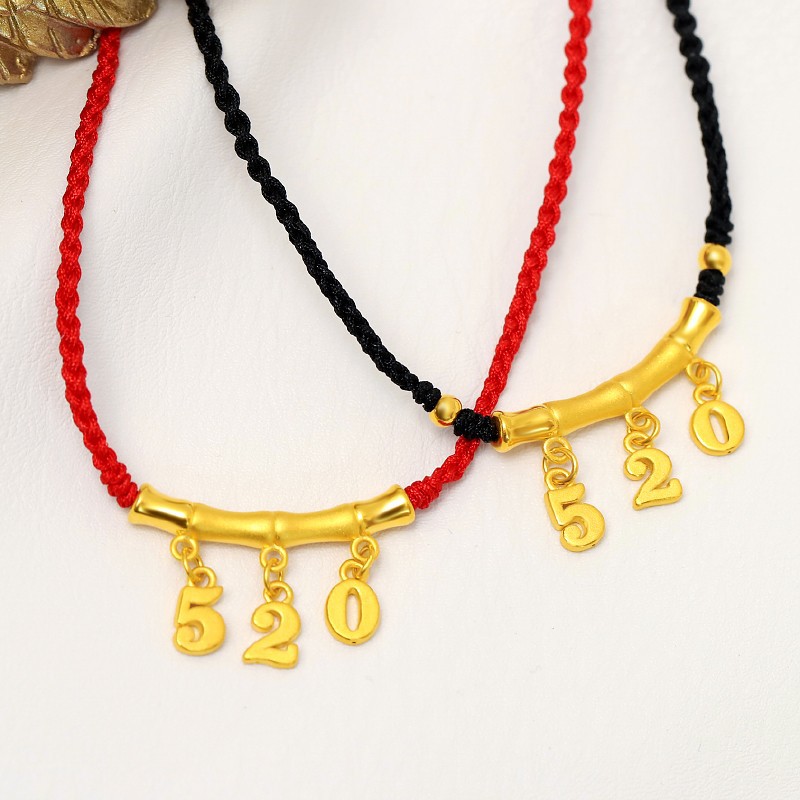 黄金竹节弯管铃铛吊坠999足金520红色编绳项链转运纯金挂坠送女友