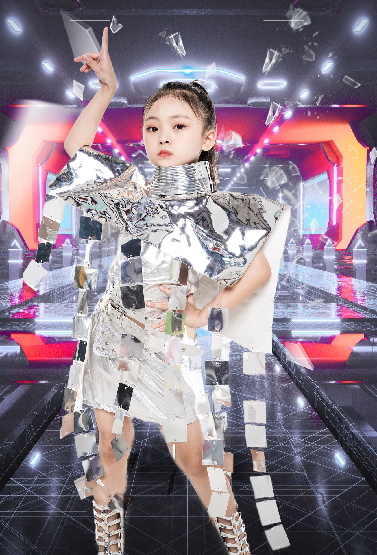 女童银色未来科技感潮服儿童t台走秀机能风摇滚风元宇宙主题创意