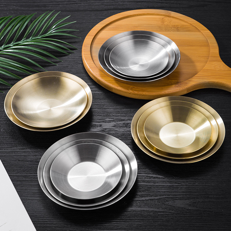 Hz473 Stainless Steel 304 round Golden Korean Style Pickle Dish Snack Soy Sauce Hot Pot Seasoning Dish Korean Style Saucer Dish