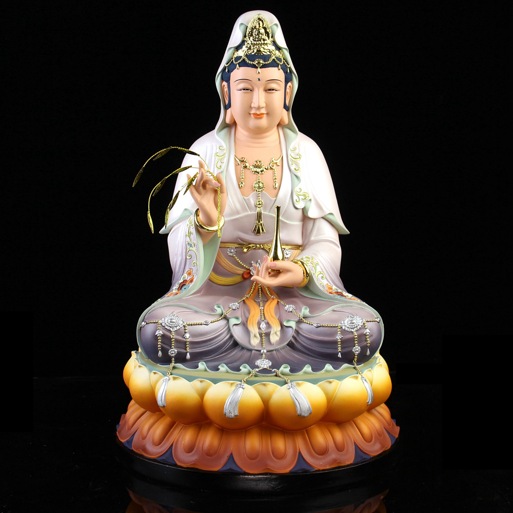 汉白玉石笑脸观音佛像居家供奉家用南海观世音菩萨神像树脂摆件