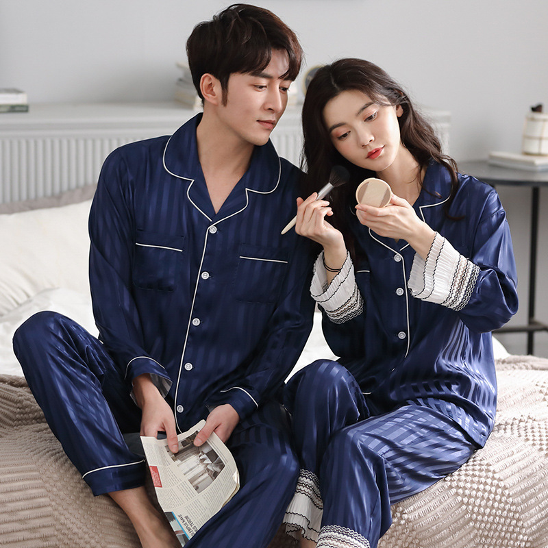 新款春秋情侣睡衣女冰丝性感长袖薄款韩版男士丝绸夏季家居服套装