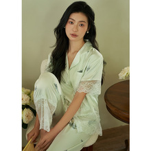 江南禾夏季新款短袖长裤冰丝款蕾丝绿色睡衣女套装家居服