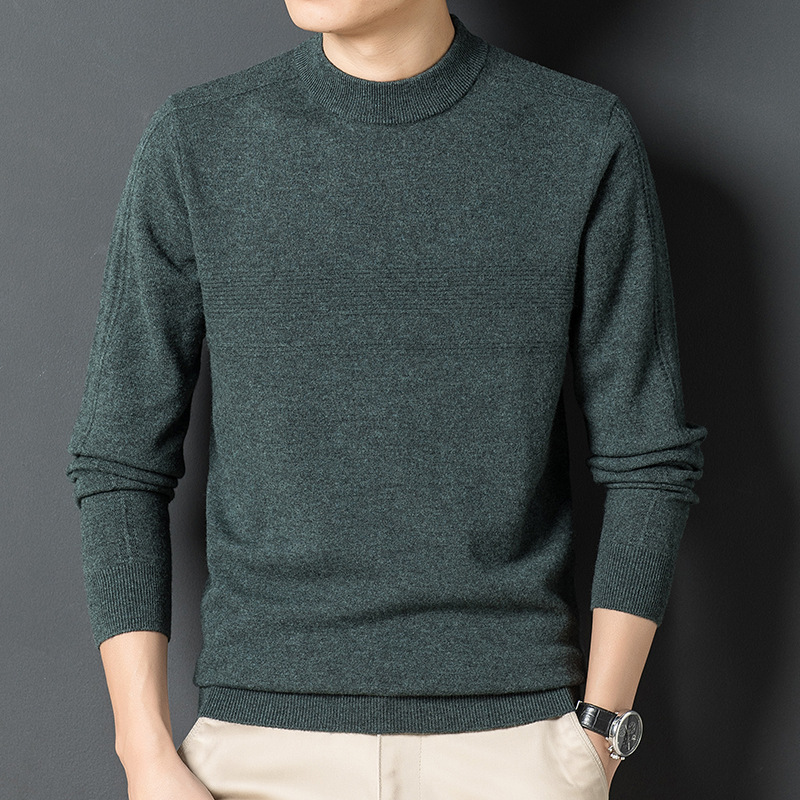 冬季纯羊毛圆领毛衣2021秋冬季男士羊毛衫纯色针织衫打底衫宽松