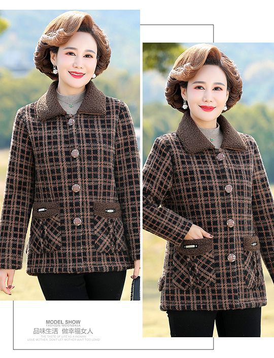 秋冬新款水貂绒棉衣高贵中老年人加绒加厚时尚洋气妈妈装格子外套